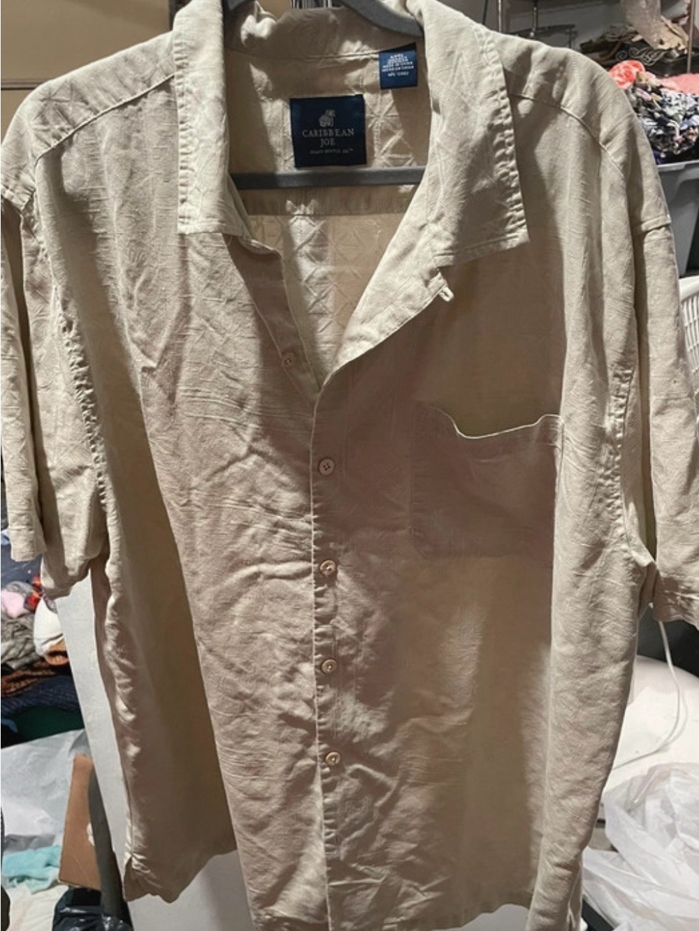 Caribbean Joe Beige Short Sleeve Camp-Style Button Down Shirt